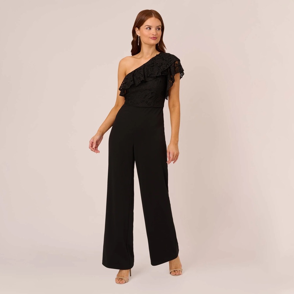 Adrianna Pappell One Shoulder Crepe Jumpsuit With Lace Ruffle Black Size 8